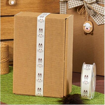 Geschenkband Osterhase Satin beige/braun,  22 mm x 25 m